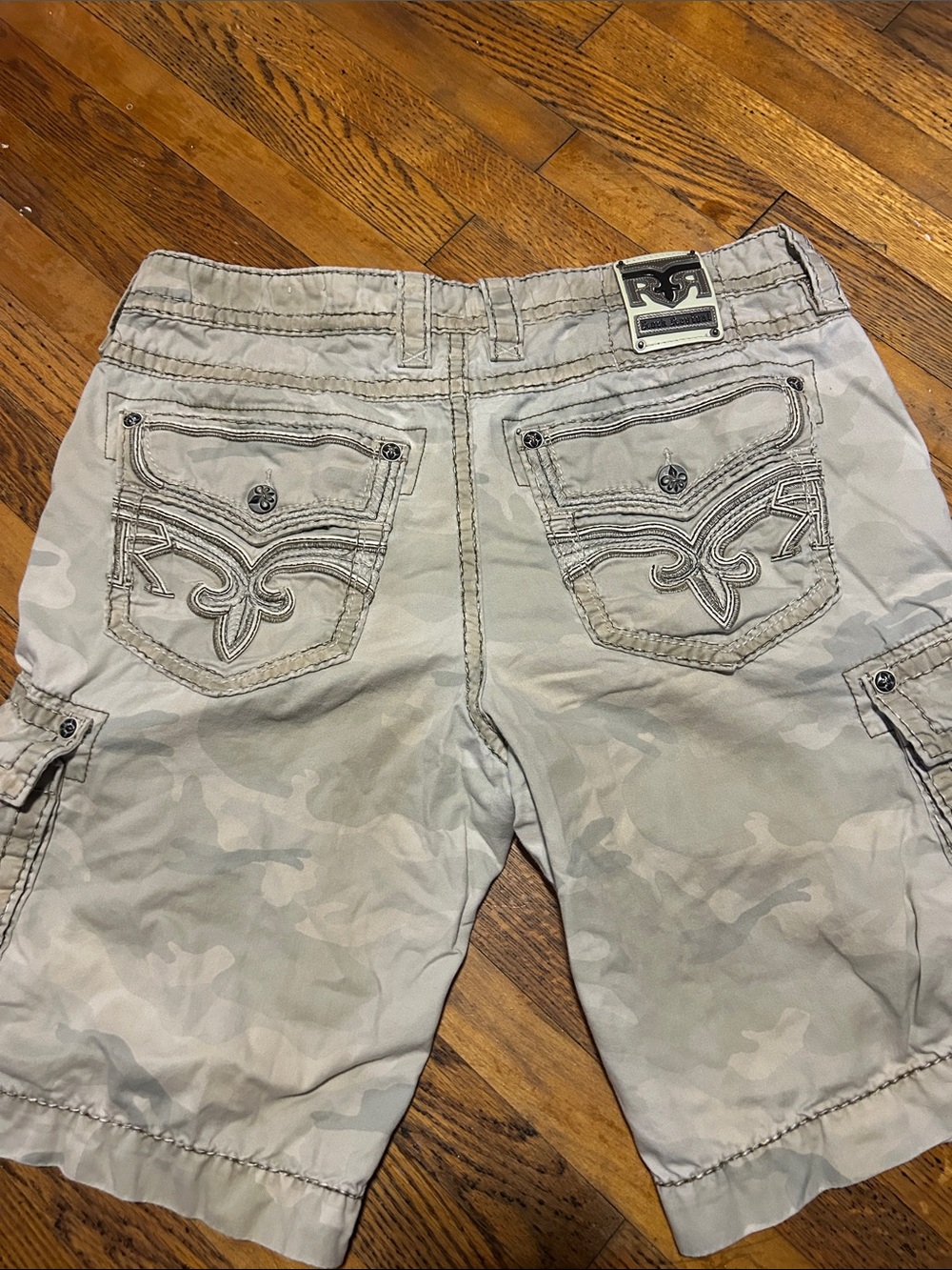 Rock Revival Men's Light Gray Camo Cargo Shorts with Embroidered Back Pockets